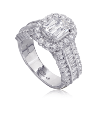 Elegant diamond engagement ring with impressive diamond mounting featuring baguettes and round diamonds